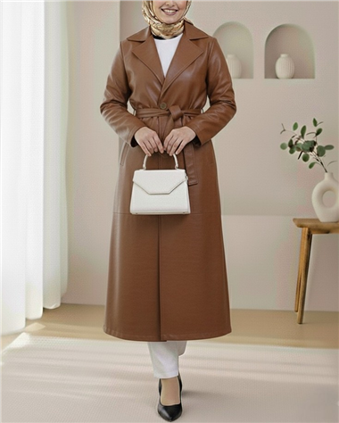 Beli Kemerli Yan Cebli Tek Düğmeli Deri Trençkot -Taba