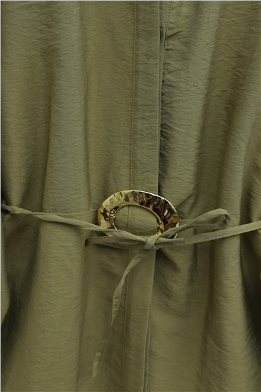 Beli Kemerli Yarım Düğmeli Pantolonlu Cupra Takım  -Yağ Yeşili