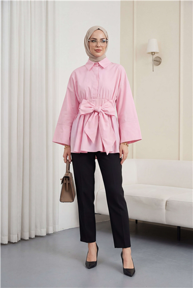 Beli Korsajlı Gizli Patlı Kuşaklı Poplin Tunik -Pembe