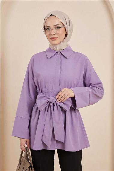 Beli Korsajlı Gizli Patlı Kuşaklı Poplin Tunik -Lila