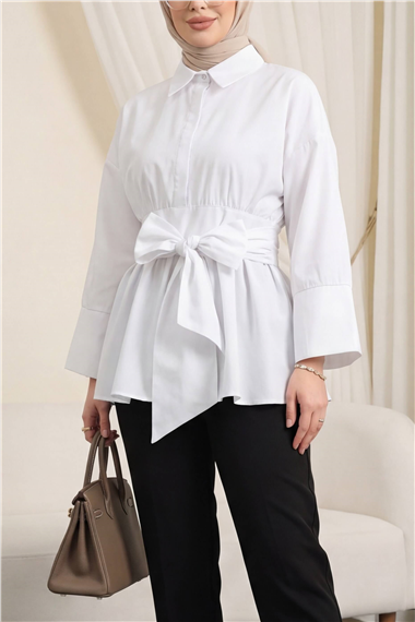 Beli Korsajlı Gizli Patlı Kuşaklı Poplin Tunik -Beyaz