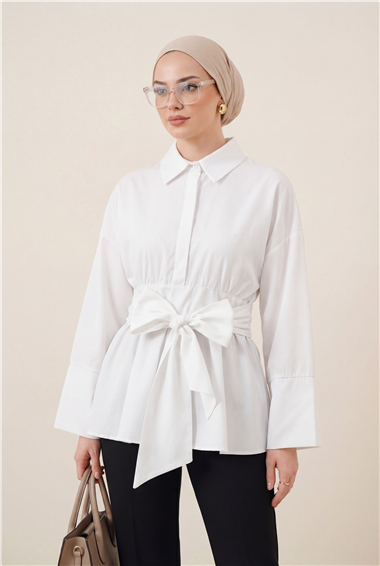 Beli Korsajlı Gizli Patlı Kuşaklı Poplin Tunik -Beyaz