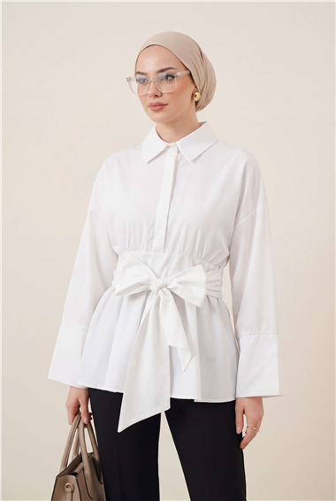 Beli Korsajlı Gizli Patlı Kuşaklı Poplin Tunik -Beyaz