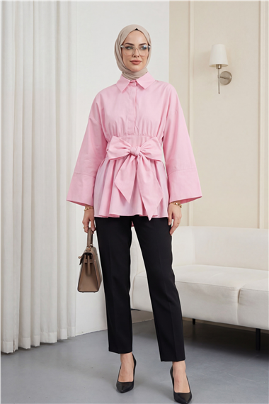 Beli Korsajlı Gizli Patlı Kuşaklı Poplin Tunik -Pembe