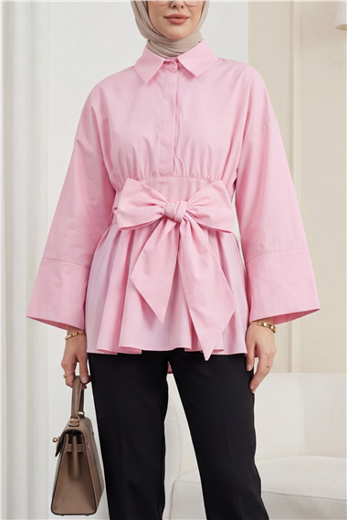 Beli Korsajlı Gizli Patlı Kuşaklı Poplin Tunik -Pembe