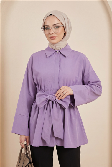 Beli Korsajlı Gizli Patlı Kuşaklı Poplin Tunik -Lila