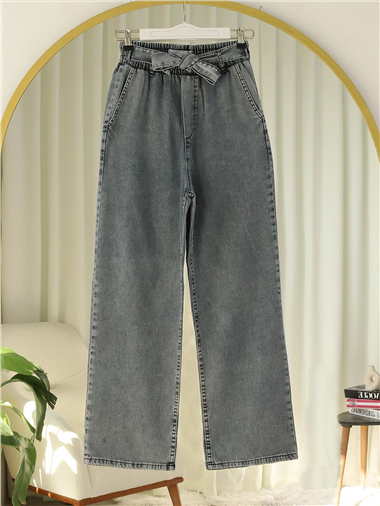 Beli Kuşaklı Lastikli Cepli Kot Pantolon -Antrasit