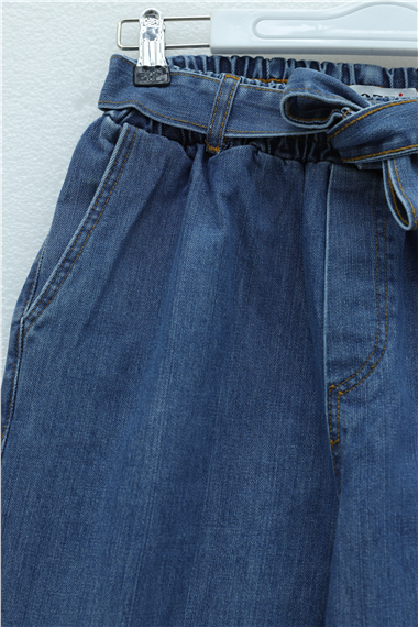 Beli Kuşaklı Lastikli Cepli Kot Pantolon  -Mavi