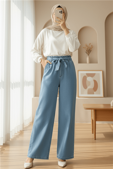 Beli Kuşaklı Lastikli Cepli Kot Pantolon -Buz Mavi