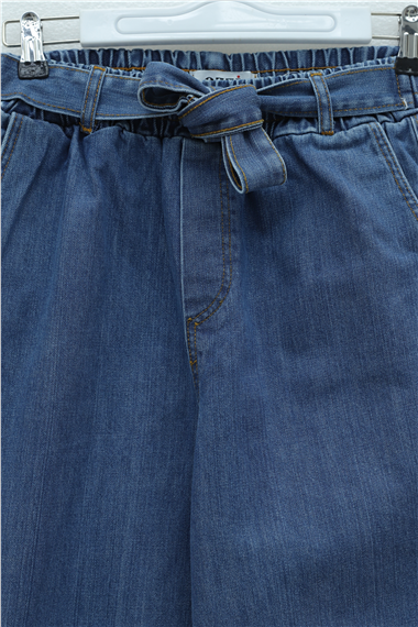 Beli Kuşaklı Lastikli Cepli Kot Pantolon  -Mavi