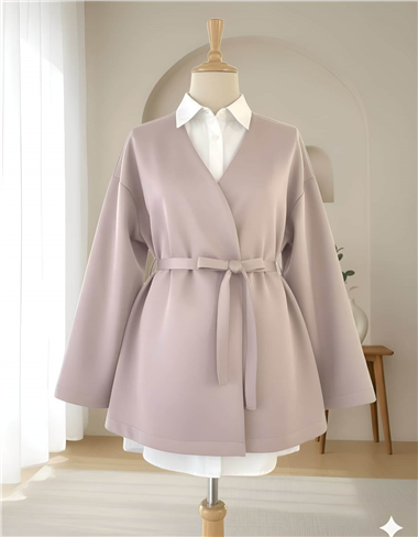 Beli Kuşaklı V Yaka  Scuba Kimono  -Bej