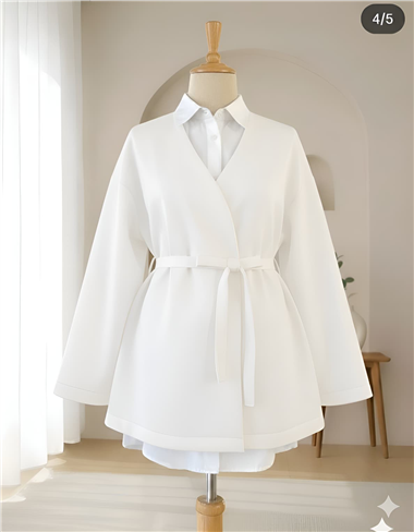 Beli Kuşaklı V Yaka  Scuba Kimono  -Beyaz