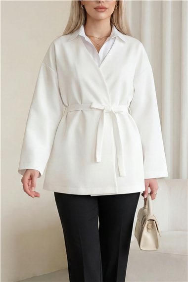 Beli Kuşaklı V Yaka  Scuba Kimono  -Beyaz