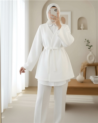 Beli Kuşaklı V Yaka  Scuba Kimono  -Beyaz