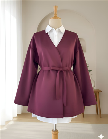 Beli Kuşaklı V Yaka  Scuba Kimono  -Bordo