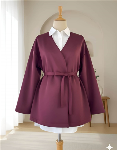 Beli Kuşaklı V Yaka  Scuba Kimono  -Bordo