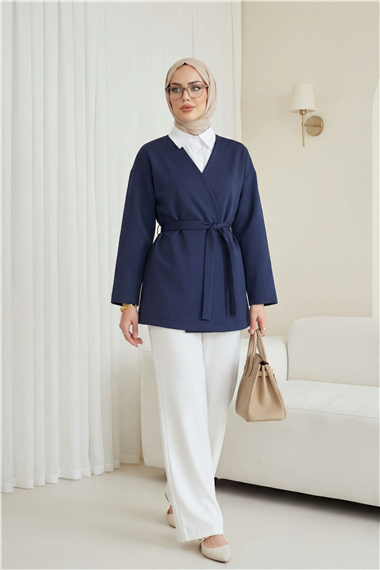 Beli Kuşaklı V Yaka  Scuba Kimono  -Laci