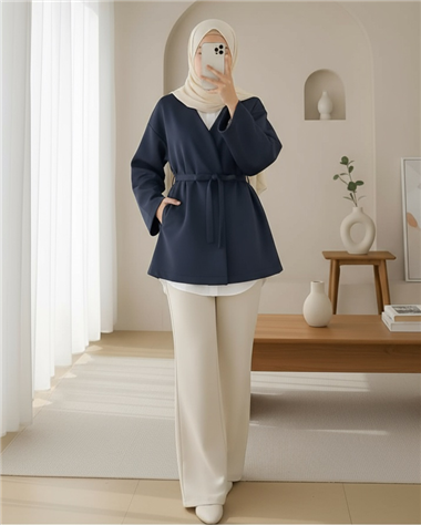 Beli Kuşaklı V Yaka  Scuba Kimono  -Laci