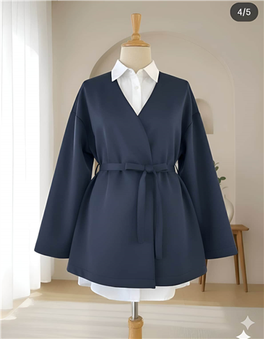 Beli Kuşaklı V Yaka  Scuba Kimono  -Laci