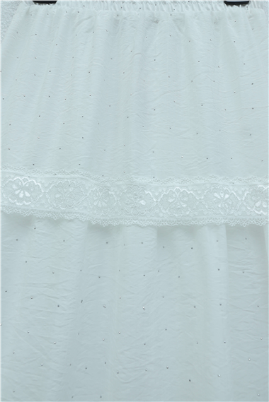 Beli Lastikli Astarlı Taş Ve Dantel Detaylı Vual Etek -Beyaz