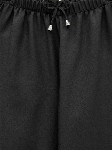Beli Lastikli Bağcık Detaylı Bol Paça Sofya Keten Pantolon  -Siyah