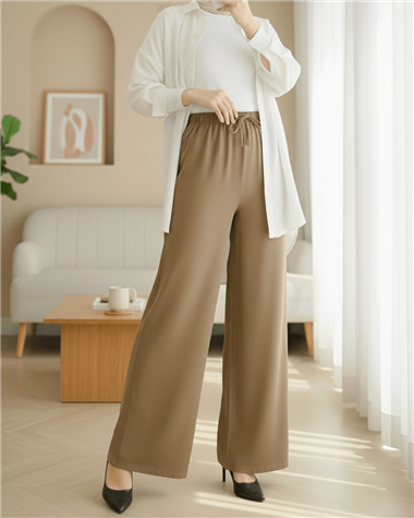 Beli Lastikli Bağcık Detaylı Bol Paça Sofya Keten Pantolon  -Tarçın