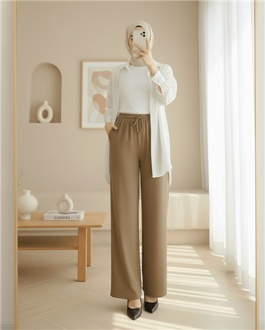 Beli Lastikli Bağcık Detaylı Bol Paça Sofya Keten Pantolon  -Tarçın