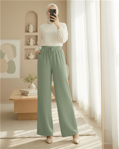 Beli Lastikli Bağcık Detaylı Cepli Bol Paça Tensel Pantolon -Çağla Y.