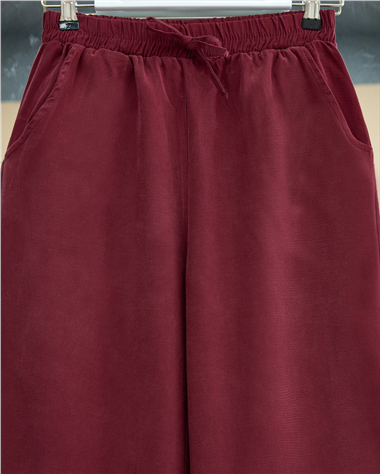 Beli Lastikli Bağcık Detaylı Cepli Bol Paça Tensel Pantolon -Bordo