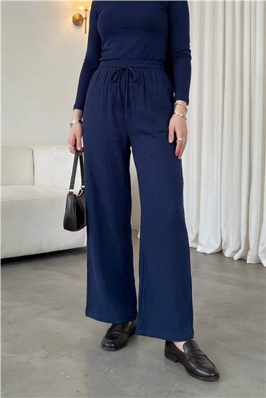 Beli Lastikli Bağcıklı Bol Paça Müslin Pantolon  -Laci