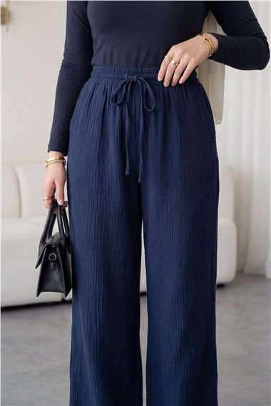 Beli Lastikli Bağcıklı Bol Paça Müslin Pantolon  -Laci