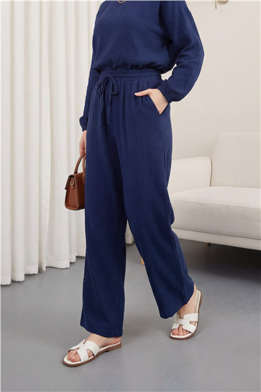 Beli Lastikli Bağcıklı Bol Paça Müslin Pantolon  -Laci