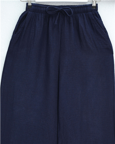 Beli Lastikli Bağcıklı Bol Paça Müslin Pantolon  -Laci