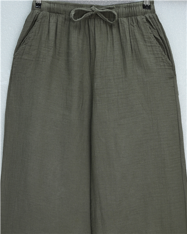 Beli Lastikli Bağcıklı Bol Paça Müslin Pantolon  -Haki