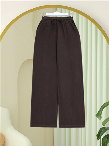 Beli Lastikli Bağcıklı Bol Paça Müslin Pantolon  -Kahve