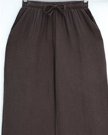 Beli Lastikli Bağcıklı Bol Paça Müslin Pantolon  -Kahve