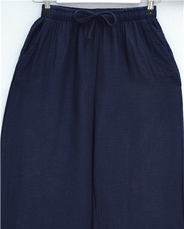 Beli Lastikli Bağcıklı Bol Paça Müslin Pantolon  -Laci
