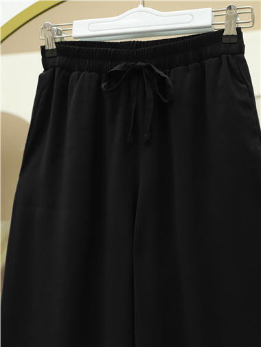 Beli Lastikli Bağcıklı Bol Paça Salaş Pantolon  -Siyah