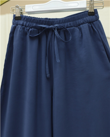 Beli Lastikli Bağcıklı Bol Paça Salaş Pantolon  -İndigo
