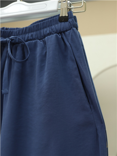 Beli Lastikli Bağcıklı Bol Paça Salaş Pantolon  -İndigo