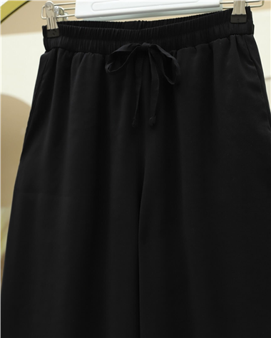 Beli Lastikli Bağcıklı Bol Paça Salaş Pantolon  -Siyah