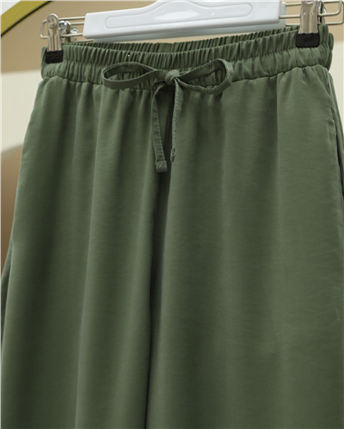 Beli Lastikli Bağcıklı Bol Paça Salaş Pantolon  -Haki