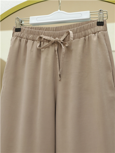 Beli Lastikli Bağcıklı Bol Paça Salaş Pantolon  -Vizon