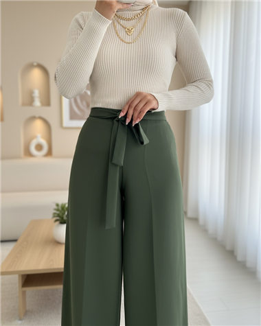Beli Lastikli Bağlamalı  Bol Paça Pantolon  -Haki