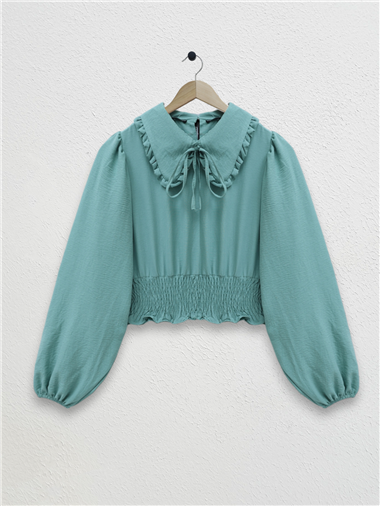 Beli Lastikli Bebe Yaka Uzun Kol Bluz -Mint