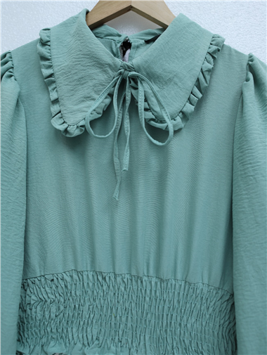 Beli Lastikli Bebe Yaka Uzun Kol Bluz -Mint
