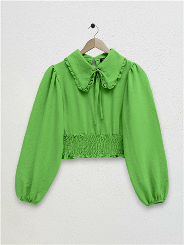 Beli Lastikli Bebe Yaka Uzun Kol Bluz  -Yeşil