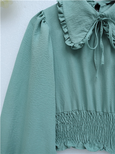 Beli Lastikli Bebe Yaka Uzun Kol Bluz -Mint