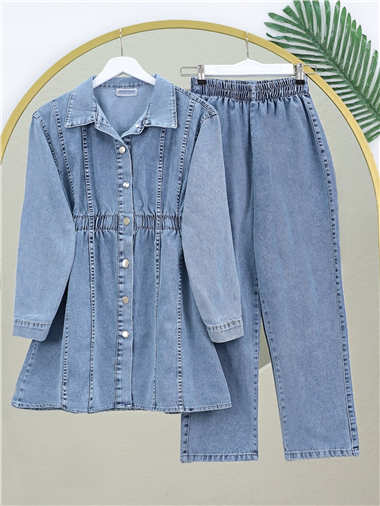 Beli Lastikli Boydan Düğmeli Ceket Pantolon Kot Takım -Buz Mavi