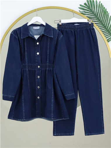 Beli Lastikli Boydan Düğmeli Ceket Pantolon Kot Takım -Laci